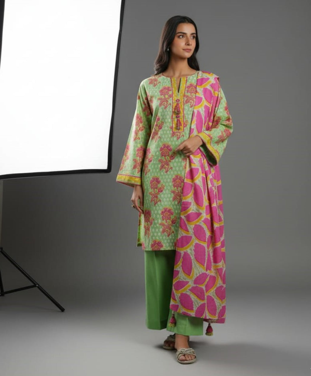 Lime Green Floral Lawn 3 Piece Suit – Vibrant Summer Edit (A141373736)