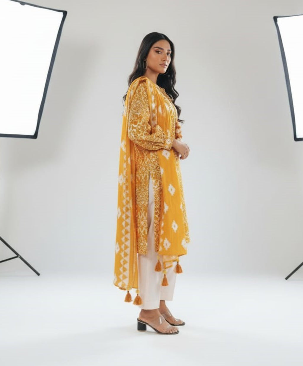 Mustard Yellow Printed Lawn 3 Piece Suit – Geometric & Floral Design (A141373732)