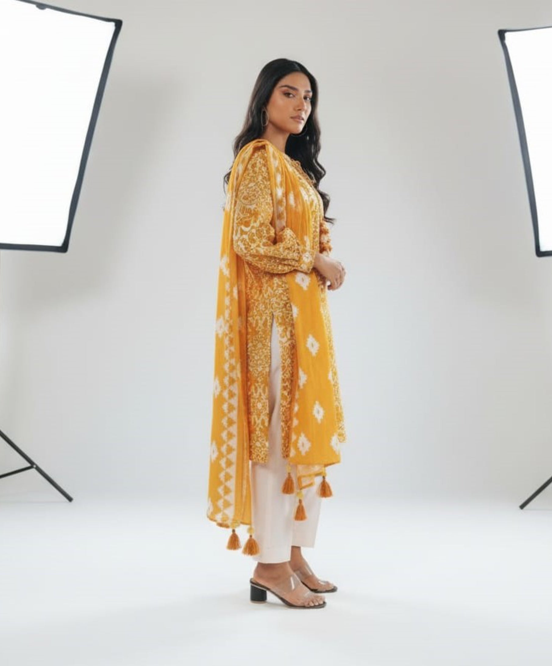 Mustard Yellow Printed Lawn 3 Piece Suit – Geometric & Floral Design (A141373732)