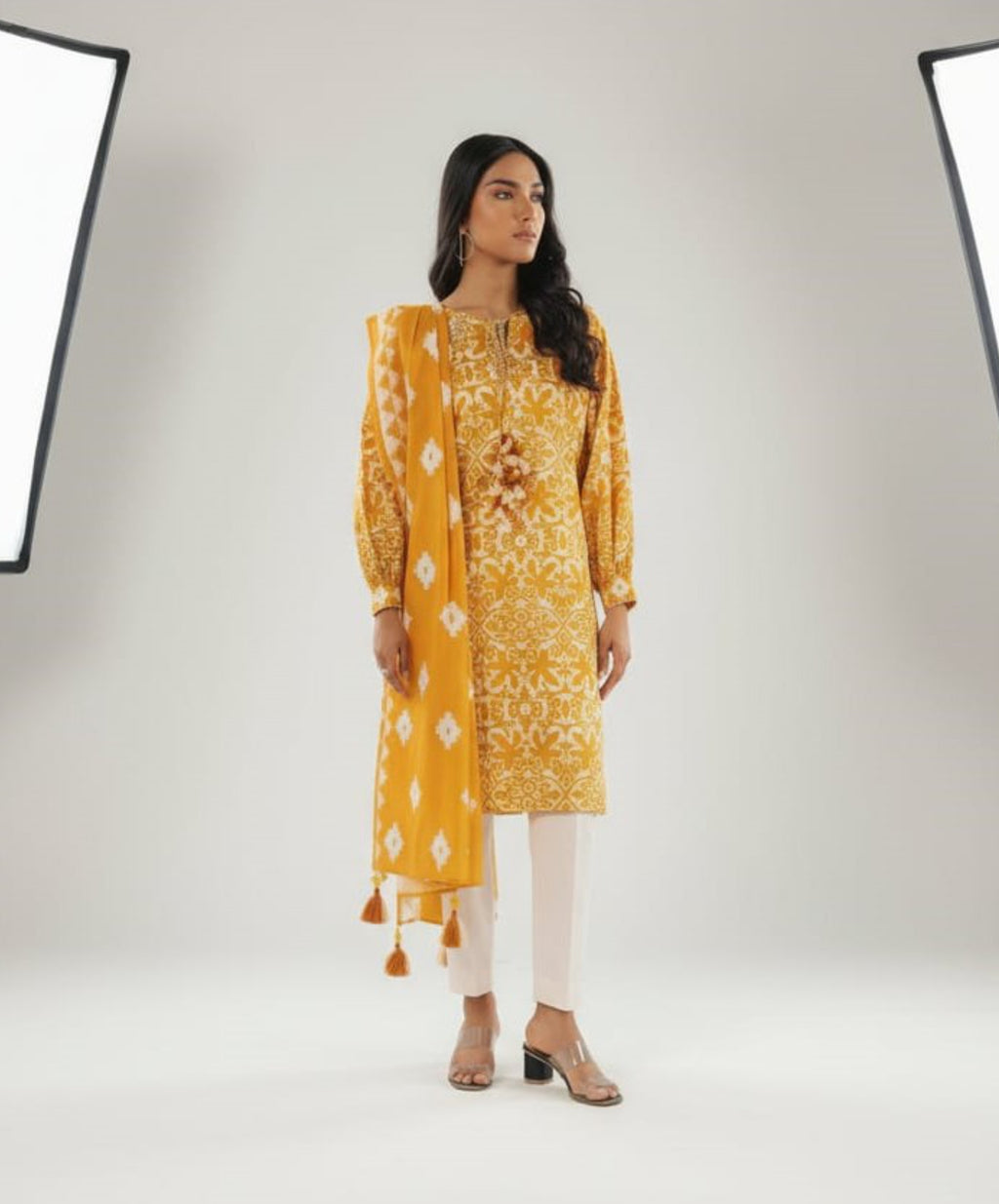 Mustard Yellow Printed Lawn 3 Piece Suit – Geometric & Floral Design (A141373732)