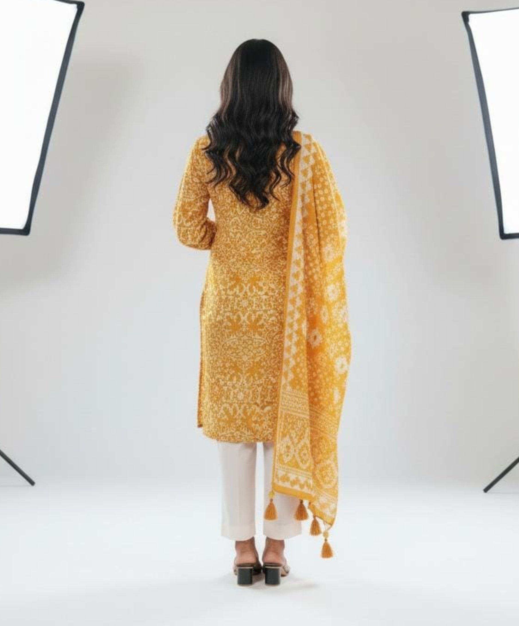 Mustard Yellow Printed Lawn 3 Piece Suit – Geometric & Floral Design (A141373732)
