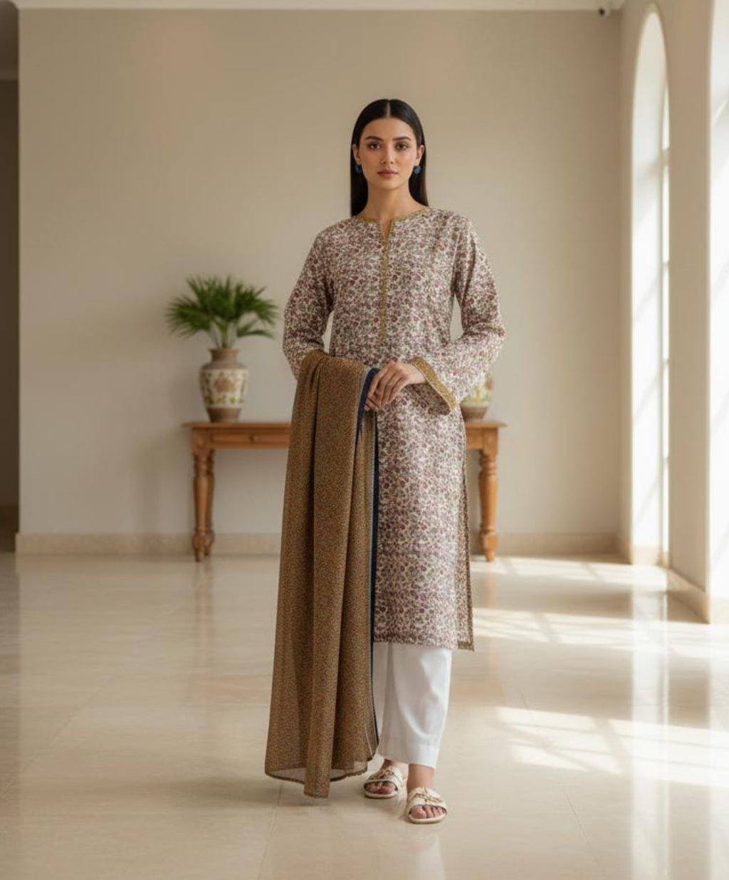 Classic Lawn Collection 3 Piece Suit – Beige Unstitched