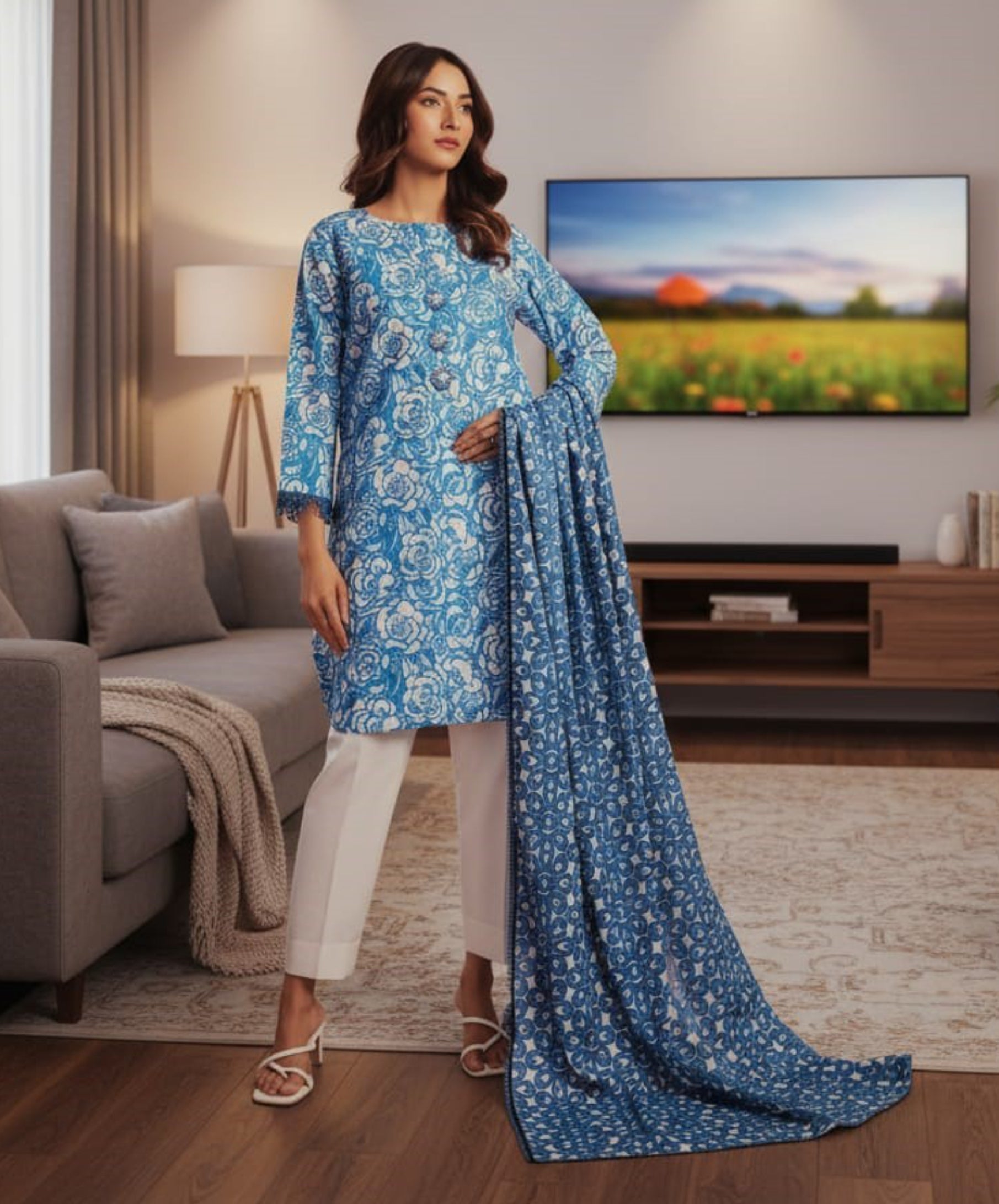 Sky Blue Floral Printed Lawn 3 Piece Suit – Summer Breeze Collection