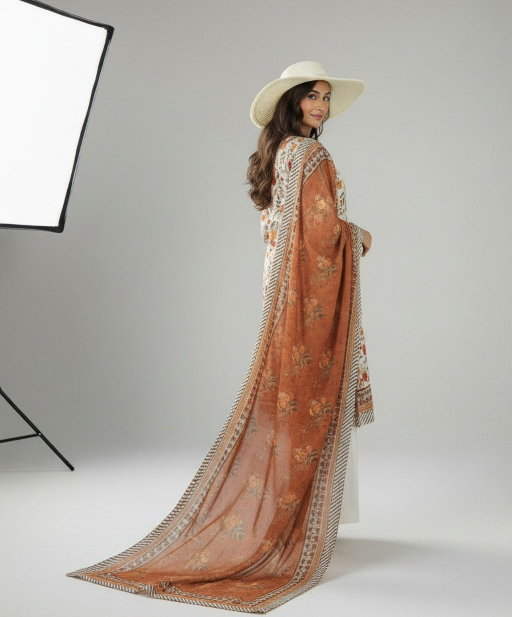 Hafiz Textile Maham Premium Printed Lawn 3 Piece Suit – Off White & Rust (D-04)