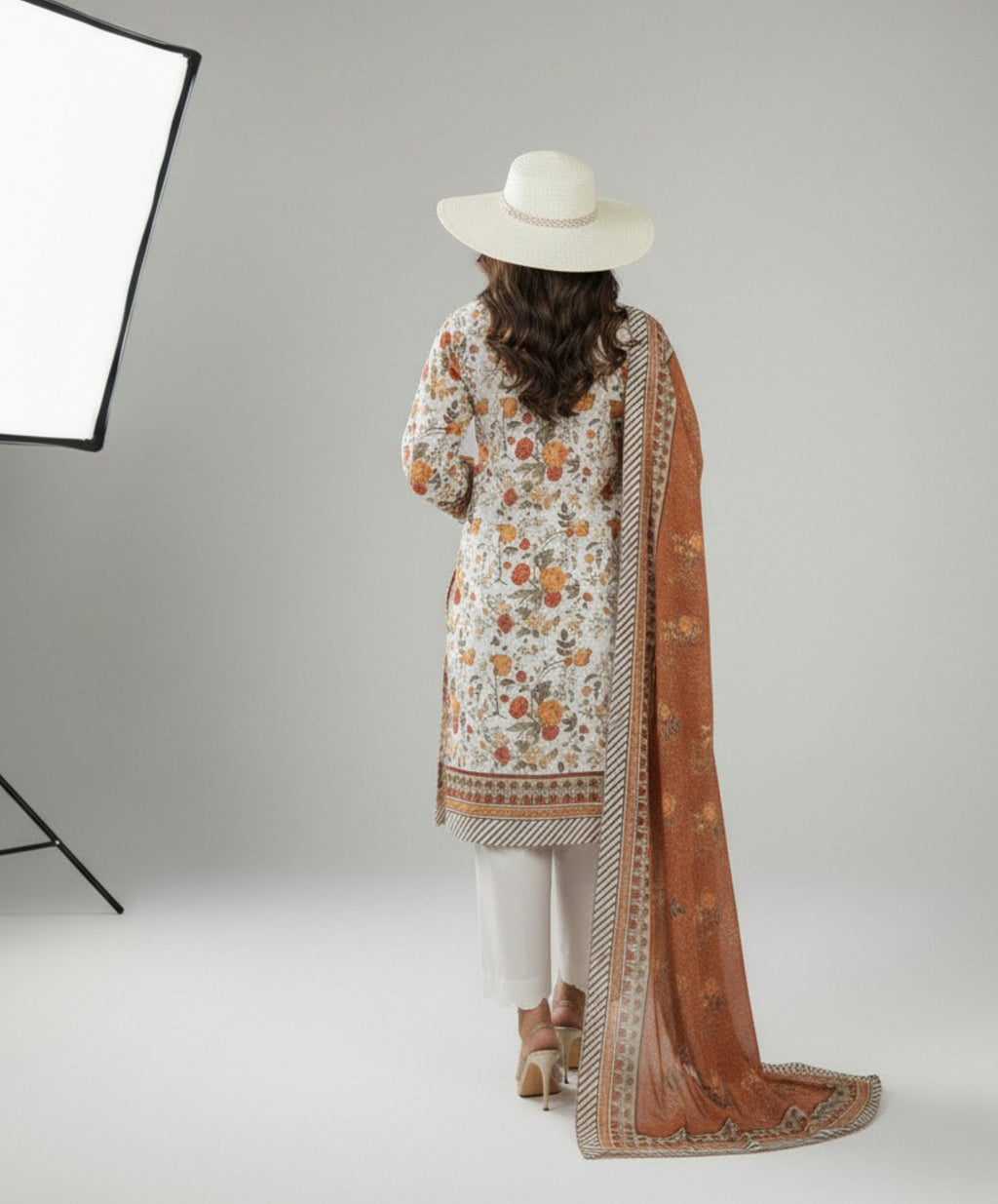 Hafiz Textile Maham Premium Printed Lawn 3 Piece Suit – Off White & Rust (D-04)