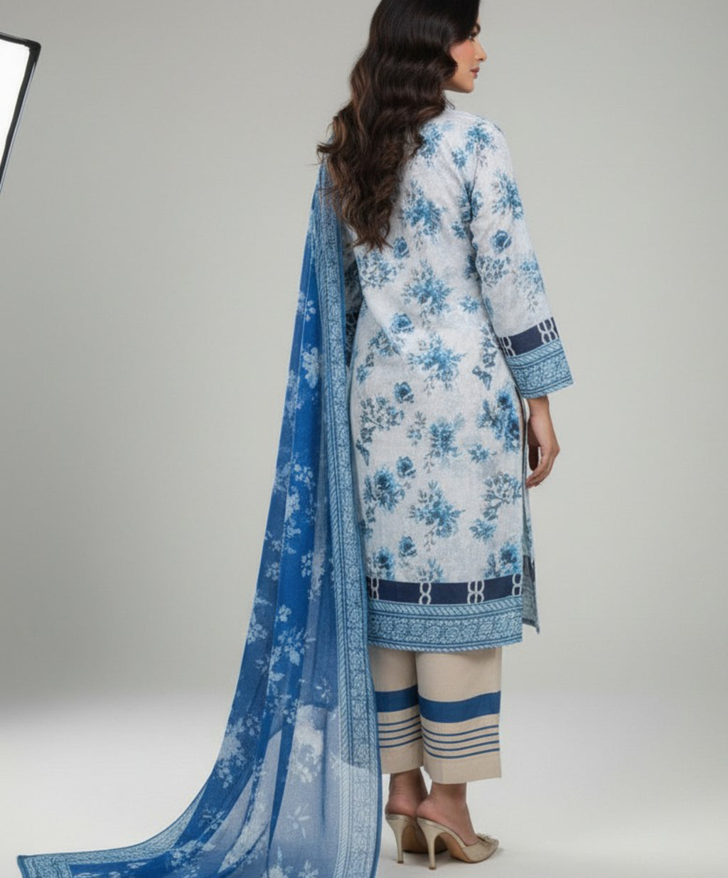 Hafiz Textile Mahiam – Elegant Floral Blue & White 3-Piece Lawn Suit Product Description