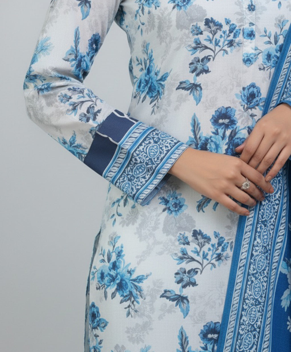Hafiz Textile Mahiam – Elegant Floral Blue & White 3-Piece Lawn Suit Product Description