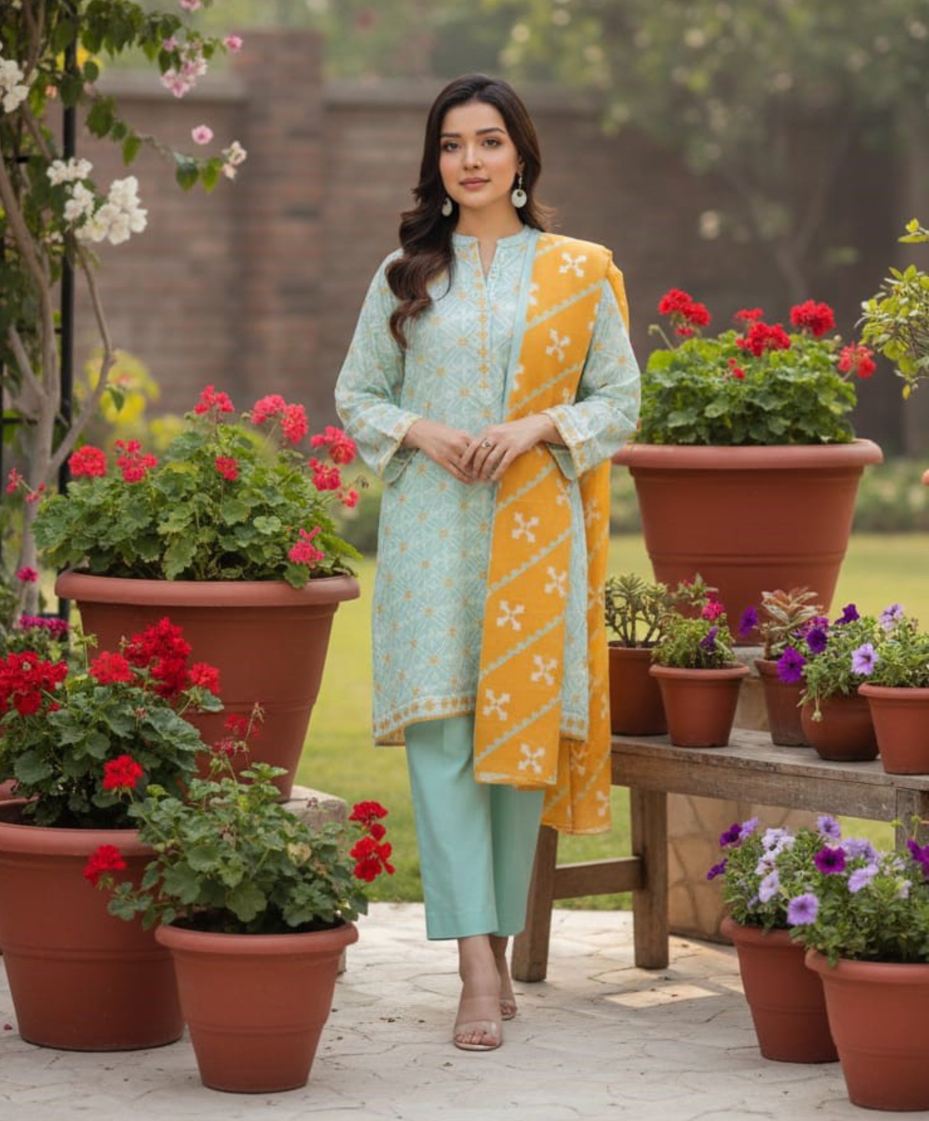Mint Green Printed Lawn 3 Piece Suit – Mustard Dupatta Edit
