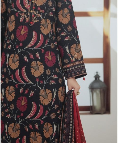 Hafiz Textile Premium Black & Red Printed Lawn 3 Piece Unstitched Suit