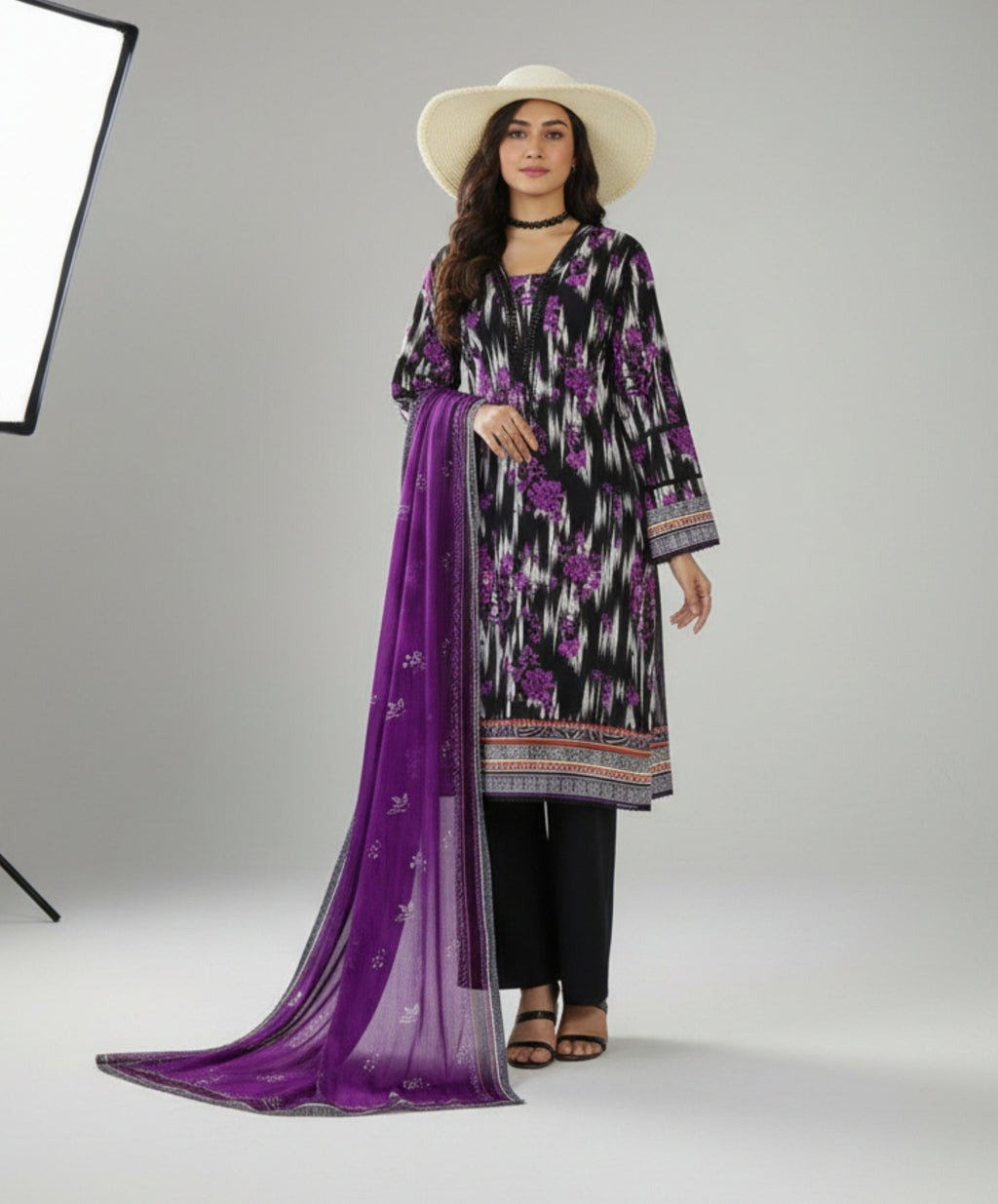Hafiz Textile Black & Purple Printed Lawn 3 Piece Suit