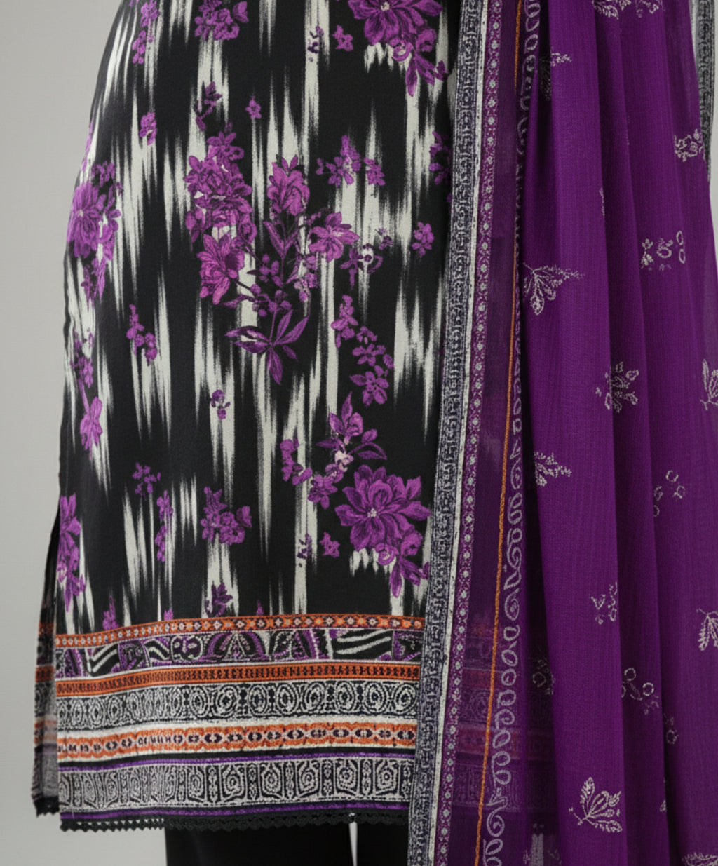Hafiz Textile Black & Purple Printed Lawn 3 Piece Suit