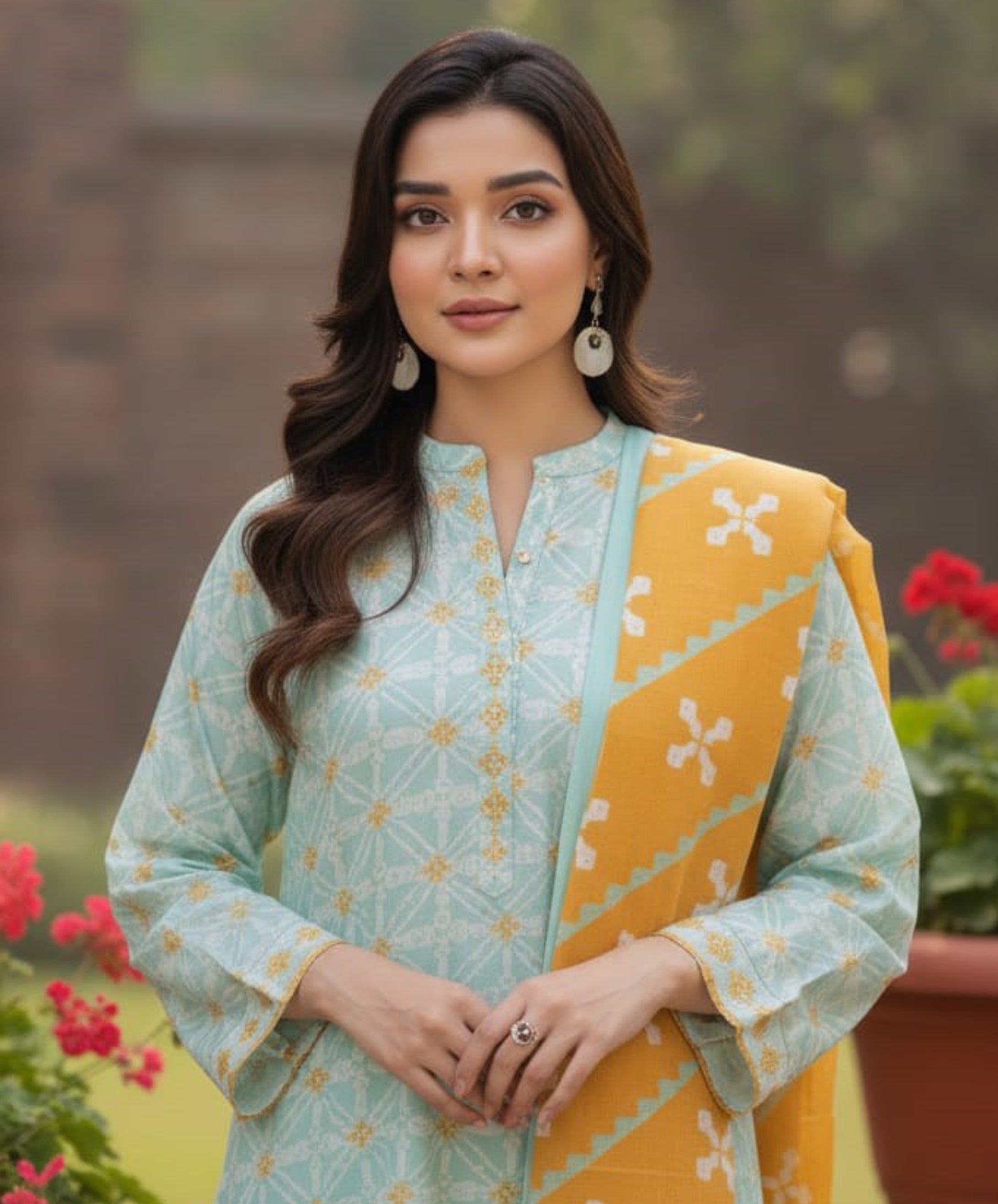 Mint Green Printed Lawn 3 Piece Suit – Mustard Dupatta Edit