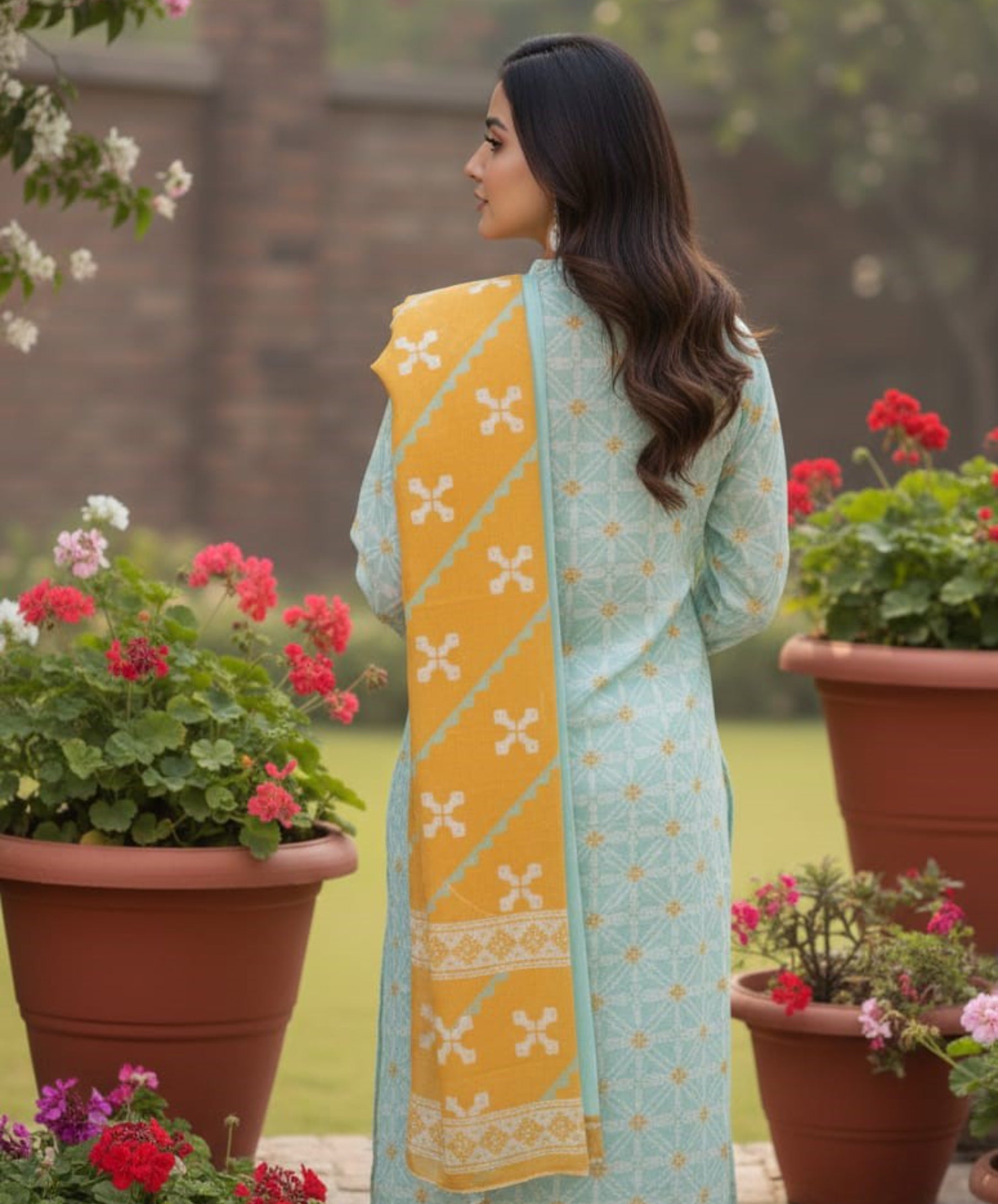 Mint Green Printed Lawn 3 Piece Suit – Mustard Dupatta Edit